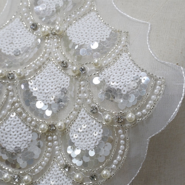Beaded Applique, Shell Motifs, Pearls Sequins Sewing Applique for Hats, Sweater, Jeans, Dresses