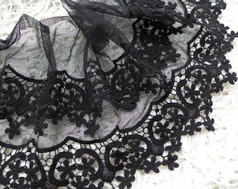 Bordure en dentelle de coton de 1 mètre, bordure en dentelle de broderie de fleurs en tulle noir, dentelle noire de 20 cm de large