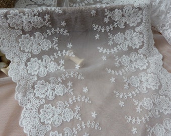 Elegant Embroidery Floral Lace, Wide Tulle Lace Trim, Off white Cotton Lace Fabric By Yard