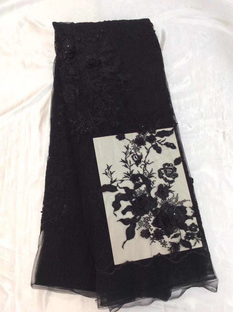 Burgundy Lace Fabric Beaded Applique Black Tulle Fabric 3D Flowers Lace Fabric By The Yard