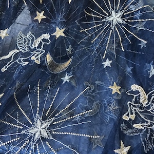 Navy blue lace fabric, gold and silver thread embroidered fabric with stars for skirts, gown, curtains