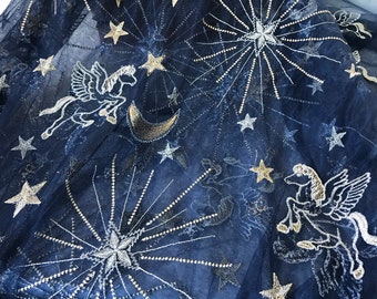 Navy blue lace fabric, gold and silver thread embroidered fabric with stars for skirts, gown, curtains