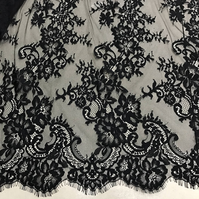 GORGECRAFT Black Chantilly Lace Fabric - 300x150cm French Eyelash Lace With Embroidered Flowers & Scalloped Edge