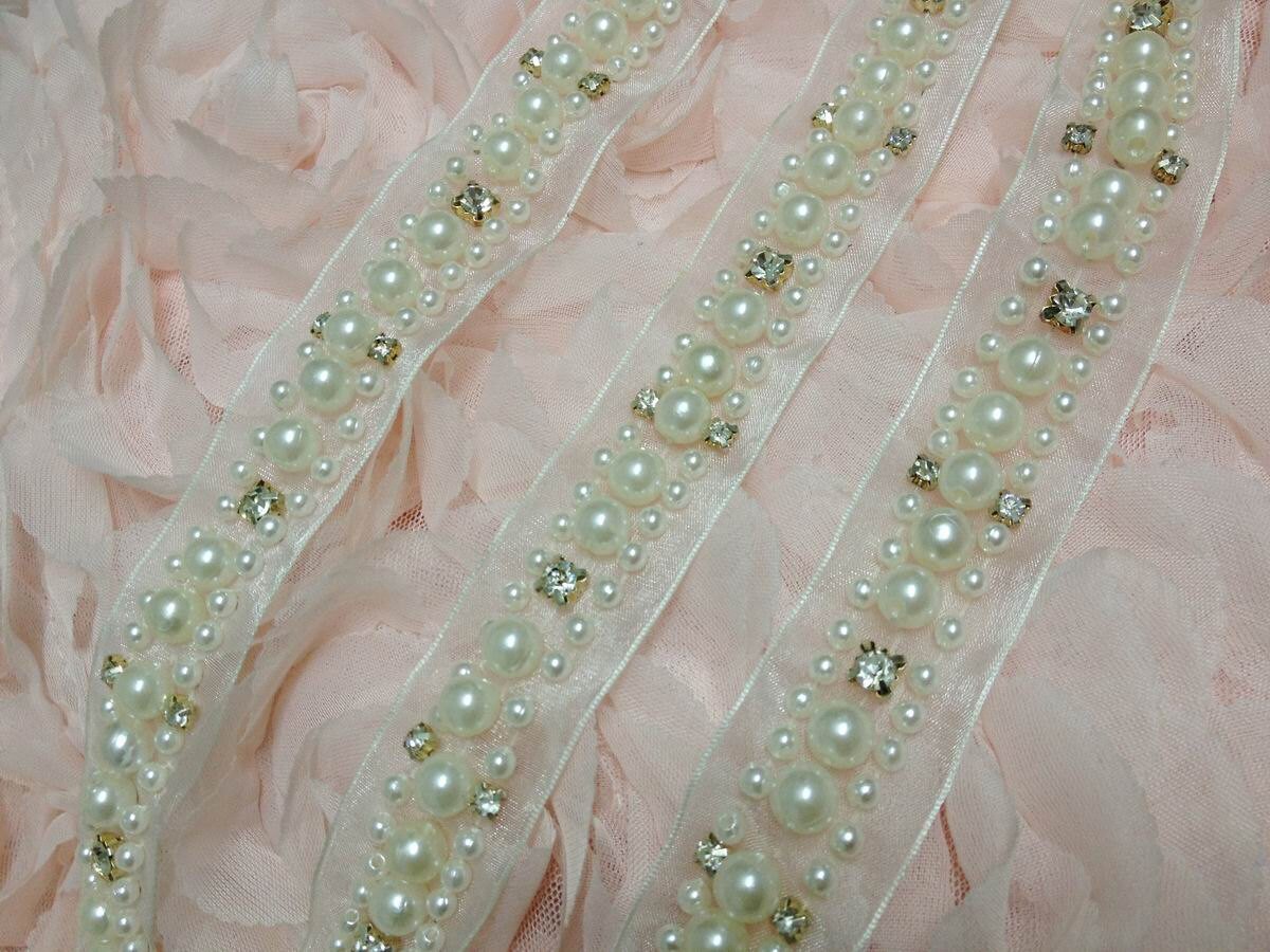 Ivory Pearl Trim and Rhinestone Beaded With Ribbon for Bridal Etsy