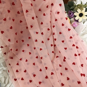 4 Way Stretch Tulle Fabric with Red Velvet Hearts, Soft Nylon Spandex Fabric, Elastic Tulle fabric, Smooth, Well Drape