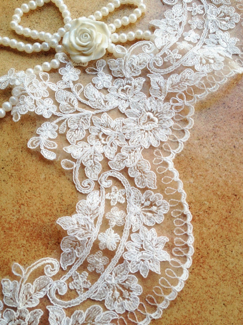 Graceful Ivory Alencon Lace Trim Embroidered Retro Tulle Lace Wedding Veil Bridal Lace Trim image 4