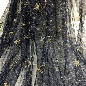 Gold Moon Stars Pattern Mesh Netting Fabric Navy / Gray Mesh - Etsy