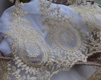 Victoria Gold Thread Embroidered Alencon Lace Trim for Weddings, Bridal Veil, Applique