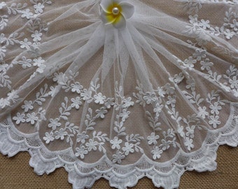 Cotton Lace Trim, Off White Wide Embroidery Tulle Lace, Bridal Floral Lace, Wedding Supplies Lace