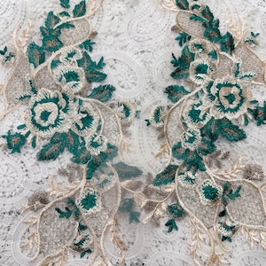 Green Gold Lace Applique, Red Gold Flower Embroidery Applique, Dress Applique, Bodice Applique