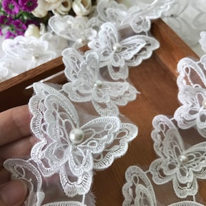 Beautiful organza butterfly applique lace, off white beaded lace trim for headbands, sashes, applique, bridal belt