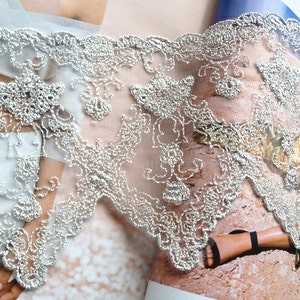 Silver Lace Trim, Tulle Lace, Bridal Trim Lace, Embroidered Lace Fabric image 1