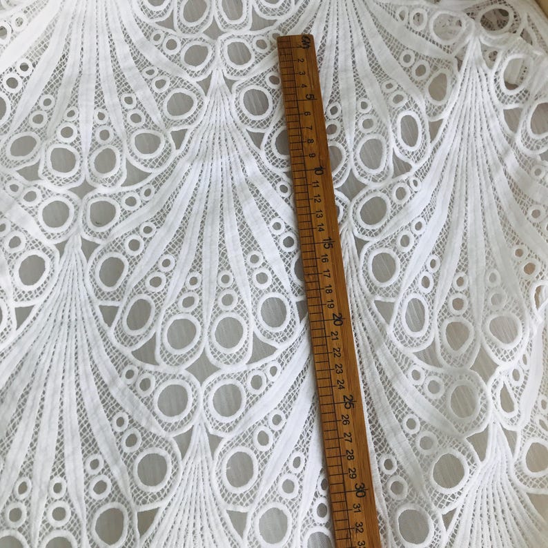 Retro Scallop Hollowed Lace Fabric, Off white Venice Guipure Fabric, Circle Embroidered Lace Fabric image 11