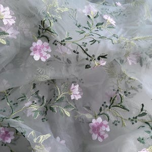 Dusty Green Organza with Pink Floral and Green Leaves Embroidery Lace Fabric for Boho Dress, Girl Dress, Cottagecore Dress