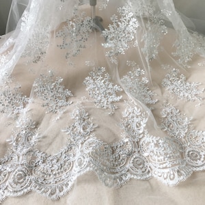 Beaded Lace with Sequins Fabric, Beautiful Alencon Fabric, Ivory Cord Floral Lace Fabric