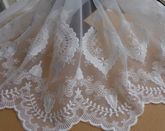 Off White Tulle Lace, Vintage Embroidery Fabric Trim, Cotton Lace Trim in white