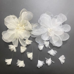 Organza Flower Fringe Lace in White / Champagne for Wedding Dress, Flower Girl Dress, Headbands