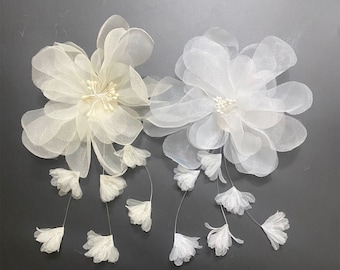 Organza Flower Fringe Lace in White / Champagne for Wedding Dress, Flower Girl Dress, Headbands