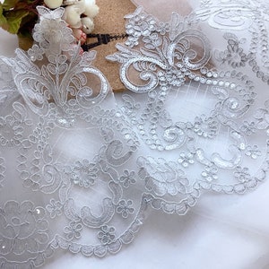 Graue Spitzenbesatz Retro Alencon gekordelt Stickerei Pailletten Spitze für Hochzeiten Handschuhe Abendkleid Accessoires