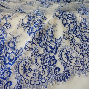 Royal Blue French Chantilly Lace Fabric Elegant Floral Wedding Fabric Soft Bridal Lace Fabric By The Yard