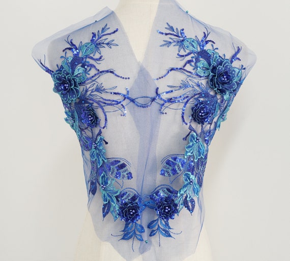 blue flower applique dress Aurore Blue floral-appliqu lace midi dress S / Blue