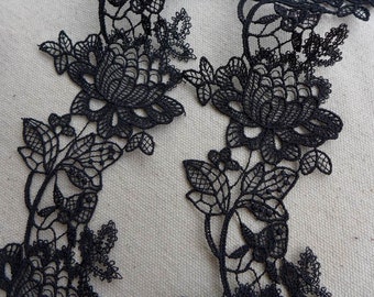 Delicate Black Venice Lace with Rose Applique for Weddings, Headbands, Sash, Appliques lace, Garments