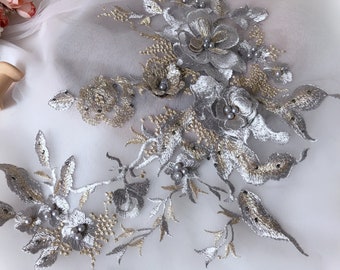 Gray Gold 3D Beaded Flower Lace Bridal appliqué for Couture Gowns, Lyrical or Ballet Costume Design