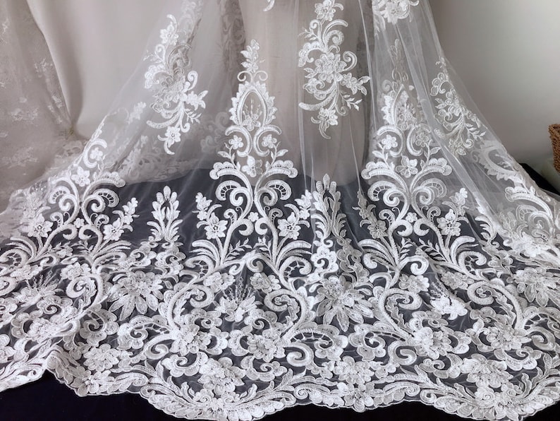 Classic wedding gown lace fabric ivory alencon fabric pearls | Etsy