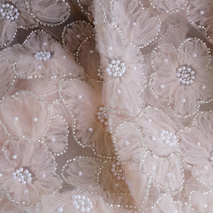 Beautiful Bridal Lace with 3D Large Flowers, Heavy Pearls Beaded Floral Lace Fabric, Peach Pink Blossom Embroidered Tulle Mesh Fabric