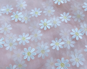 Adorable Daisy Flower Embroidered Tulle Fabric for Flower Girl Dress, Party Dress, Costume design