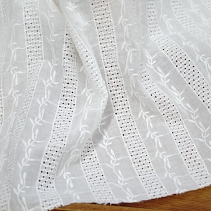 Cotton Fabric, Off white Leaves Embroidery Fabric, Cotton Eyelet Lace Fabric By the yard