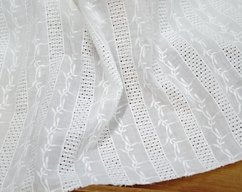 Cotton Fabric, Off white Leaves Embroidery Fabric, Cotton Eyelet Lace Fabric By the yard