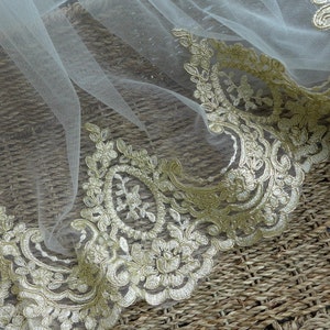 Renda dourada requintada, acabamento em renda nupcial Alenco, tecido de renda de malha para vestido de noiva