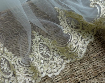 Exquisite Gold Lace, Alencon Bridal Lace Trim, Wedding Gown Mesh Lace Fabric
