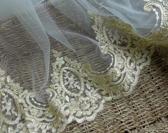 Exquisite Goldspitze, Alencon Braut Spitzenbesatz, Hochzeitskleid Mesh-Spitze-Gewebe