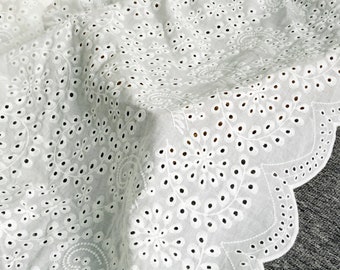Retro Style Cotton Eyelet Floral Fabric with Scalloped Edge in Of white for Doll Dress, Wedding Boho Dress, Eyelet Skirts