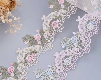 Crochet Style Lace, Multicolor Florals Embroidery Lace, 2.36 inches wide Venice Lace By yard