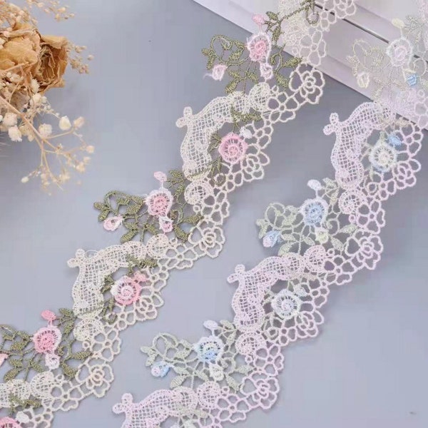 Crochet Style Lace, Multicolor Florals Embroidery Lace, 2.36 inches wide Venice Lace By yard