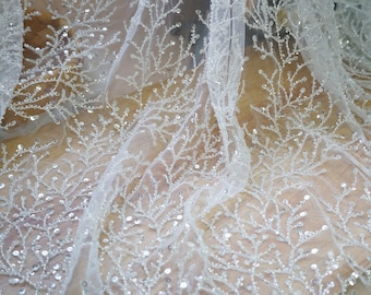 Gorgeous Leaf Embroidered Lace Silver Beading Sequins Fabric for Formal, Wedding Gown, Evening Wear, Bridal