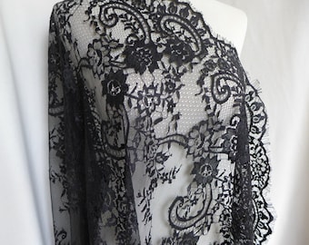 Black French Chantilly Lace Fabric Graceful Floral Wedding Lace Fabric By The Yard