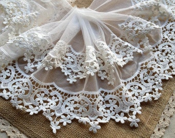 Tissu en coton blanc cassé 1 mètre/bordure en dentelle de tulle à broder avec style vintage pour robe de mariée, costume ou décoration d'intérieur