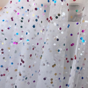 Off white Tulle Lace Rainbow Polka Dots Fabric for Prom Dress Wedding Ceremony or Girl Tutu Dress