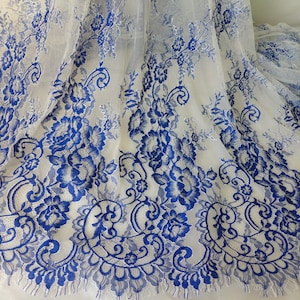 Romantic French Chantilly Lace, Royal Blue and Off white Fabric, Scalloped Eyelash Lace Fabric
