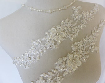 Beaded lace appliqué in off white for wedding belt applique, garters, bridal hair accessories