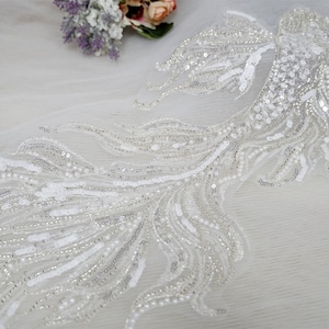 Silver White Beaded Applique, Chic Goldfish Design Sewing Patch, Sequins Pearl Embellished Lace Applique