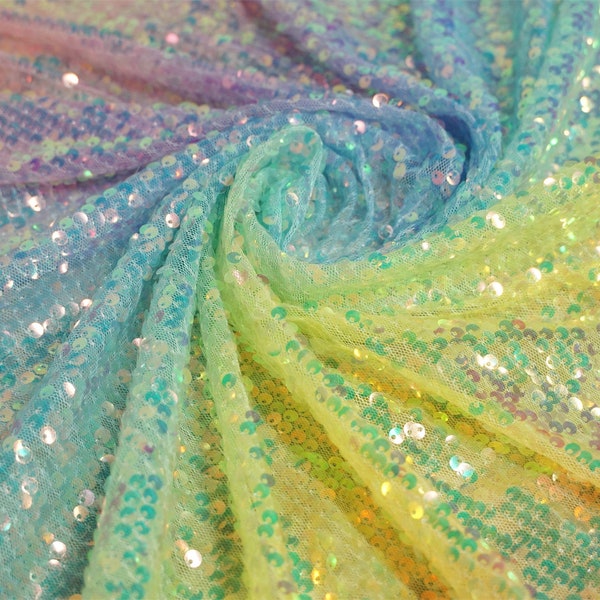 Iridescent Rainbow Sequin Embroidered Tulle Mesh Fabric for Boho Dress, Kimono Jacket, Festival Dress, Dance Costume