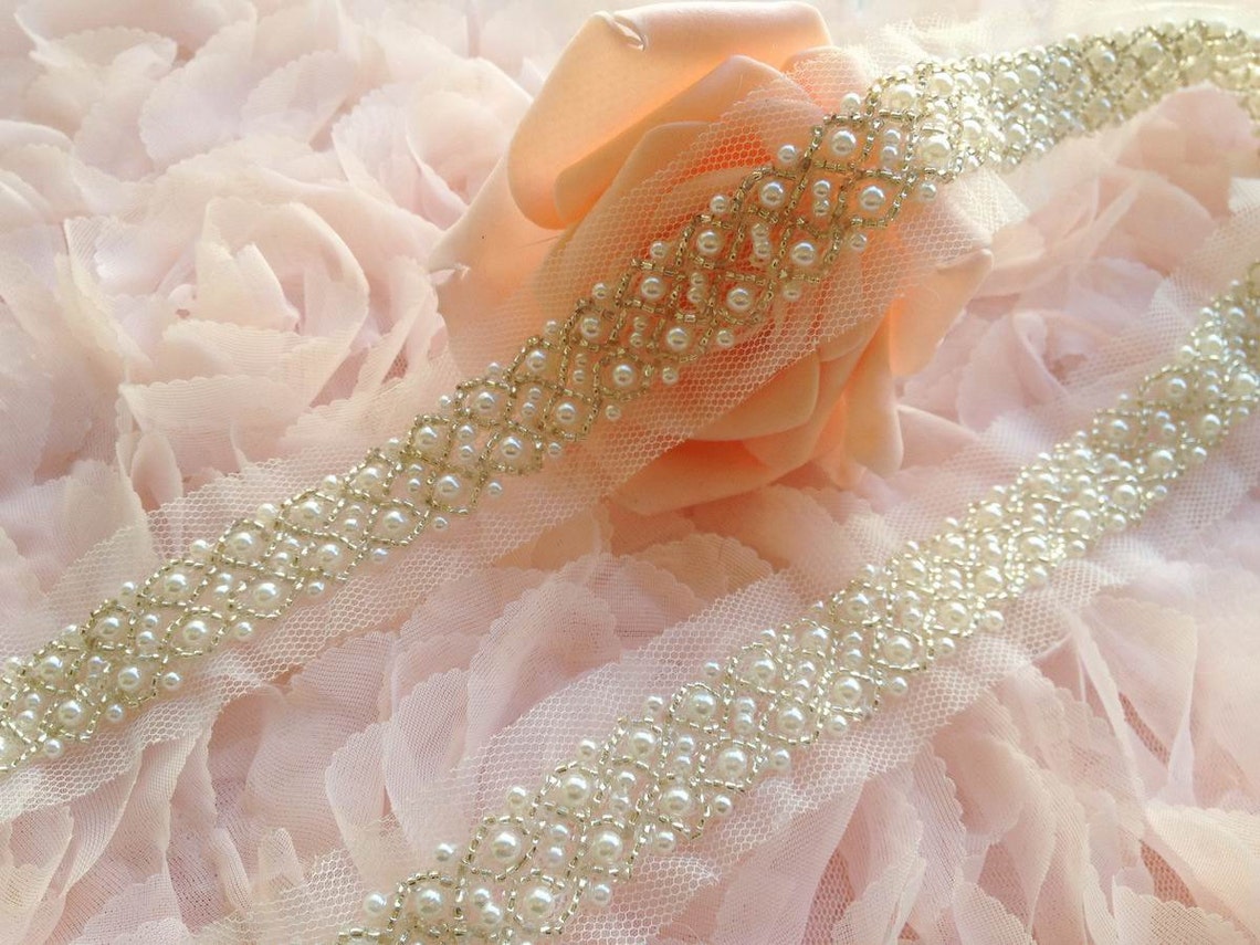 Rhinestone Pearl Beads on Dark Ivory Tulle Embroidery main image 1
