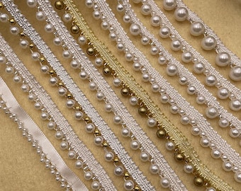 Ivory / Gold Pearls Lace Trim for Prom Dress Shoulder Strap, Jewelry or Costume design, Curtains Trim, Wedding Beaded Trim