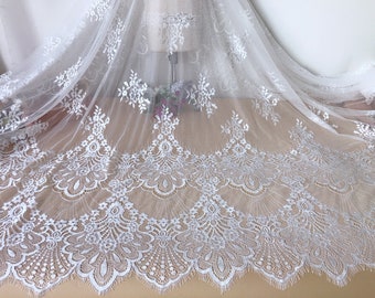 Tela de encaje Chantilly retro con motivos festoneados y ribete de pestañas para vestido de novia elegante, chal de mujer, tela de encaje