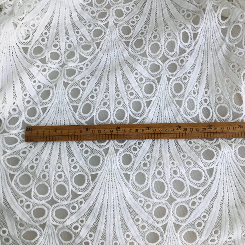 Retro Scallop Hollowed Lace Fabric, Off white Venice Guipure Fabric, Circle Embroidered Lace Fabric image 12